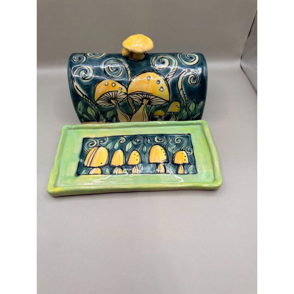 Handmade Hand Painted Ceramic Mushroom Butter Dish Cottagecore Whimsical Pottery